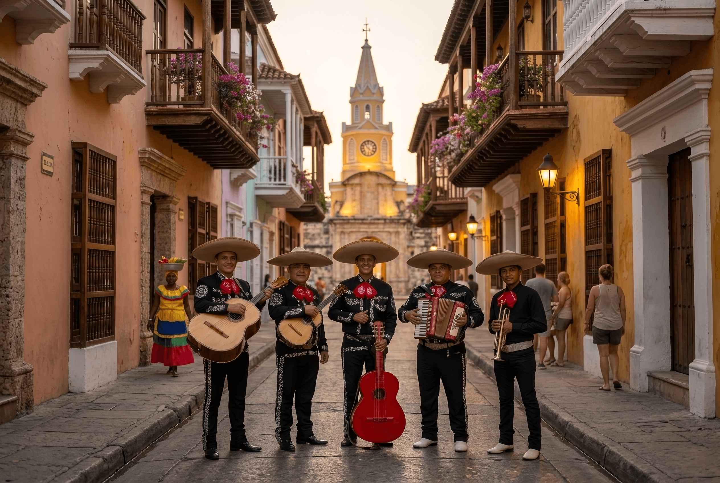 Grupo de mariachis en una calle colonial iluminada de noche